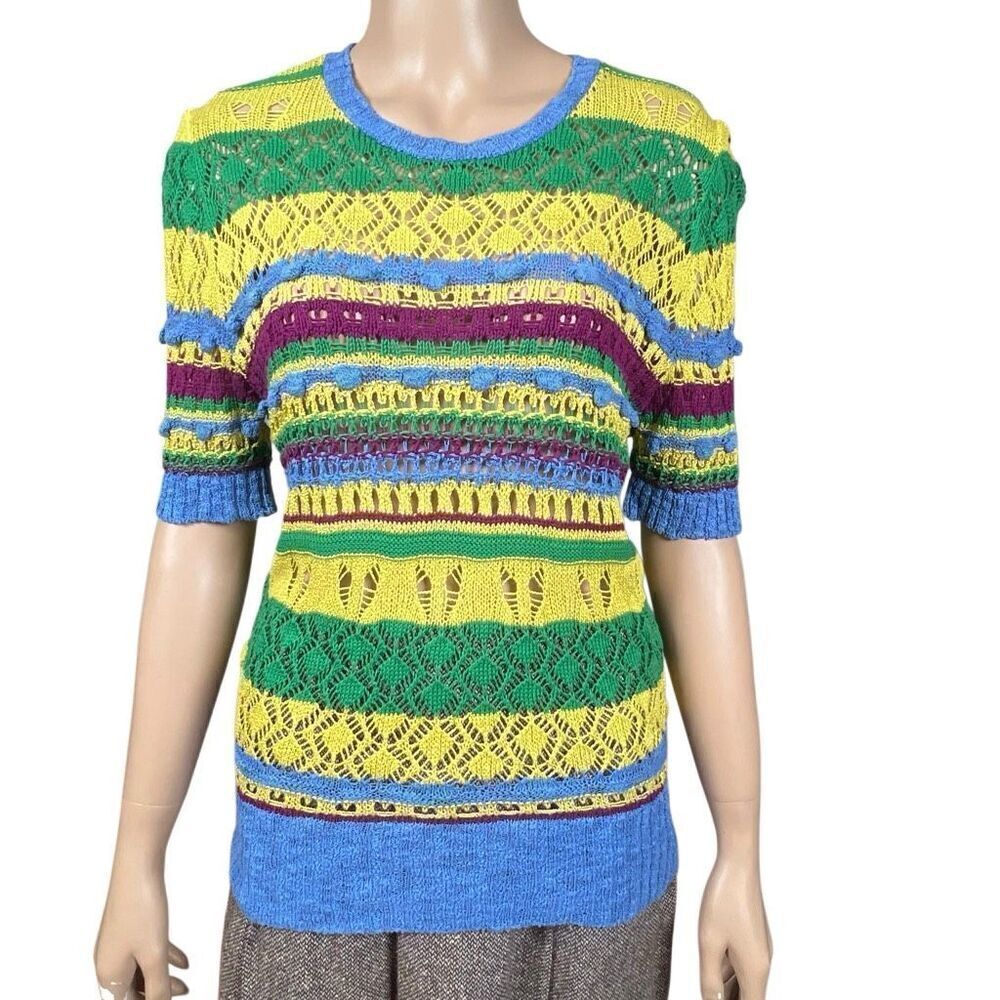 Zara Knit Multicolor Open Weave Short Sleeve Sweater Top Size M (351)